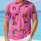 Model wearing Men's Vintage Volcano Custom Face Polo Shirt printed with kids' faces
