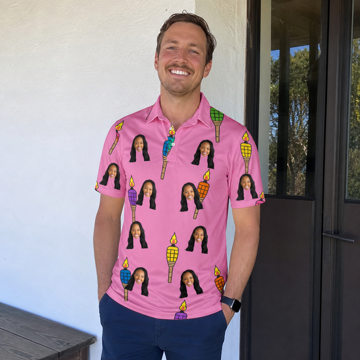 Real-life photo of someone wearing Men's Vintage Volcano Custom Face Polo Shirt — custom faces printed all-over