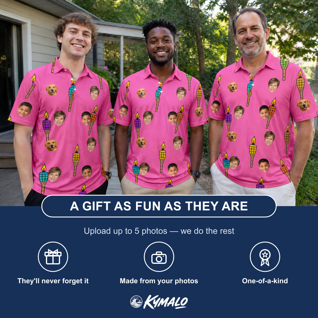Friends in matching Men's Vintage Volcano Custom Face Polo Shirt — a group gift photo
