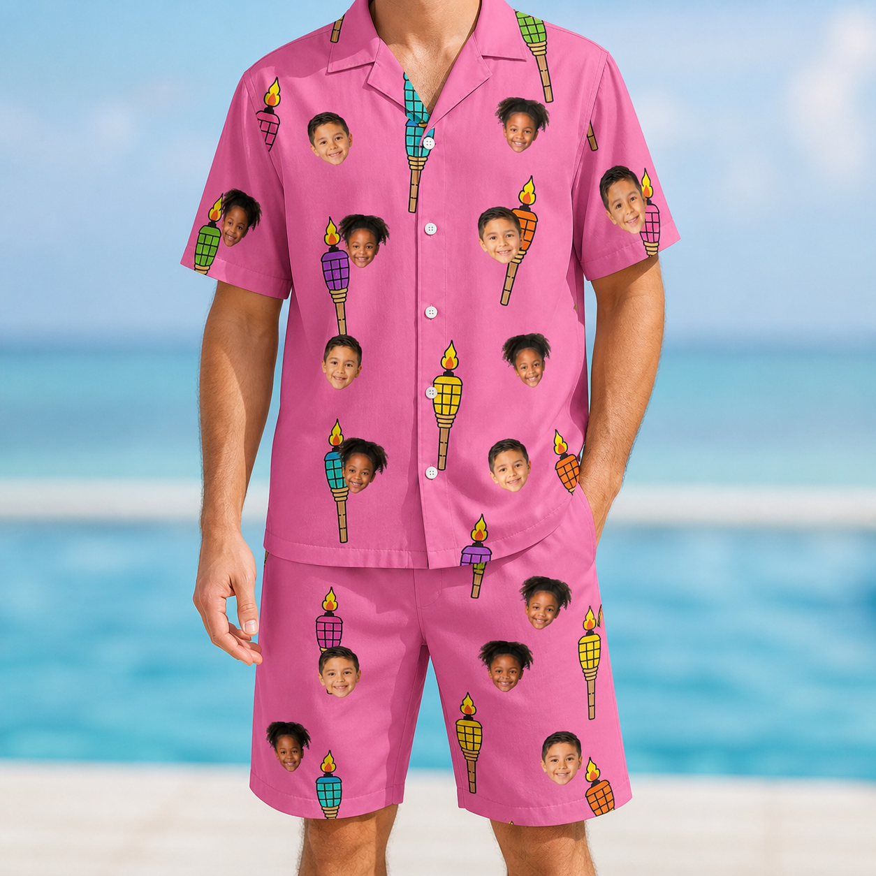 Model wearing Men's Vintage Volcano Custom Face Shirt & Shorts Set printed with kids' faces