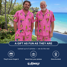 Friends in matching Men's Vintage Volcano Custom Face Shirt & Shorts Set — a group gift photo