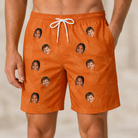 Model wearing Men's Pineapple Jukebox Custom Face Beach Shorts printed with kids' faces