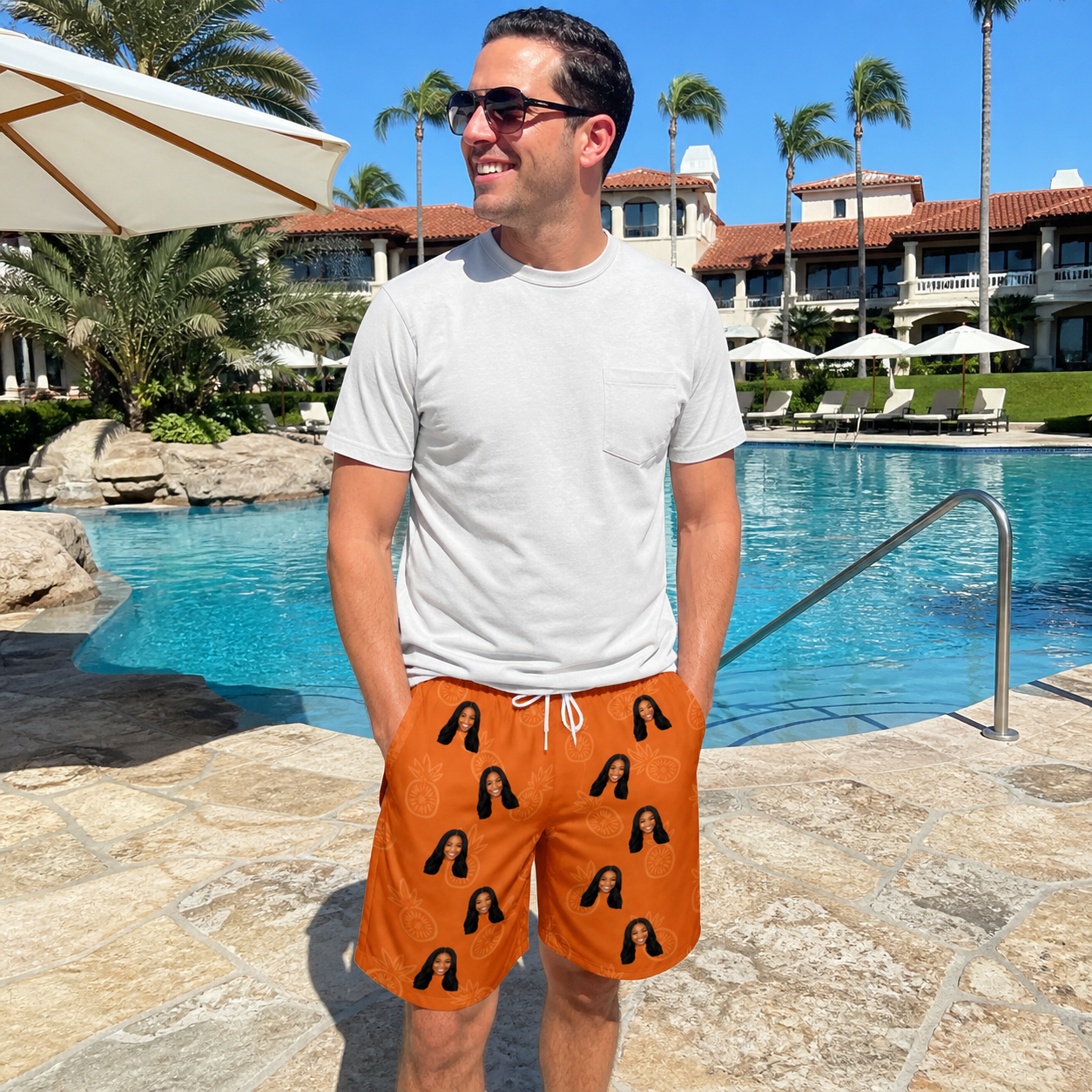 Real-life photo of someone wearing Men's Pineapple Jukebox Custom Face Beach Shorts — custom faces printed all-over
