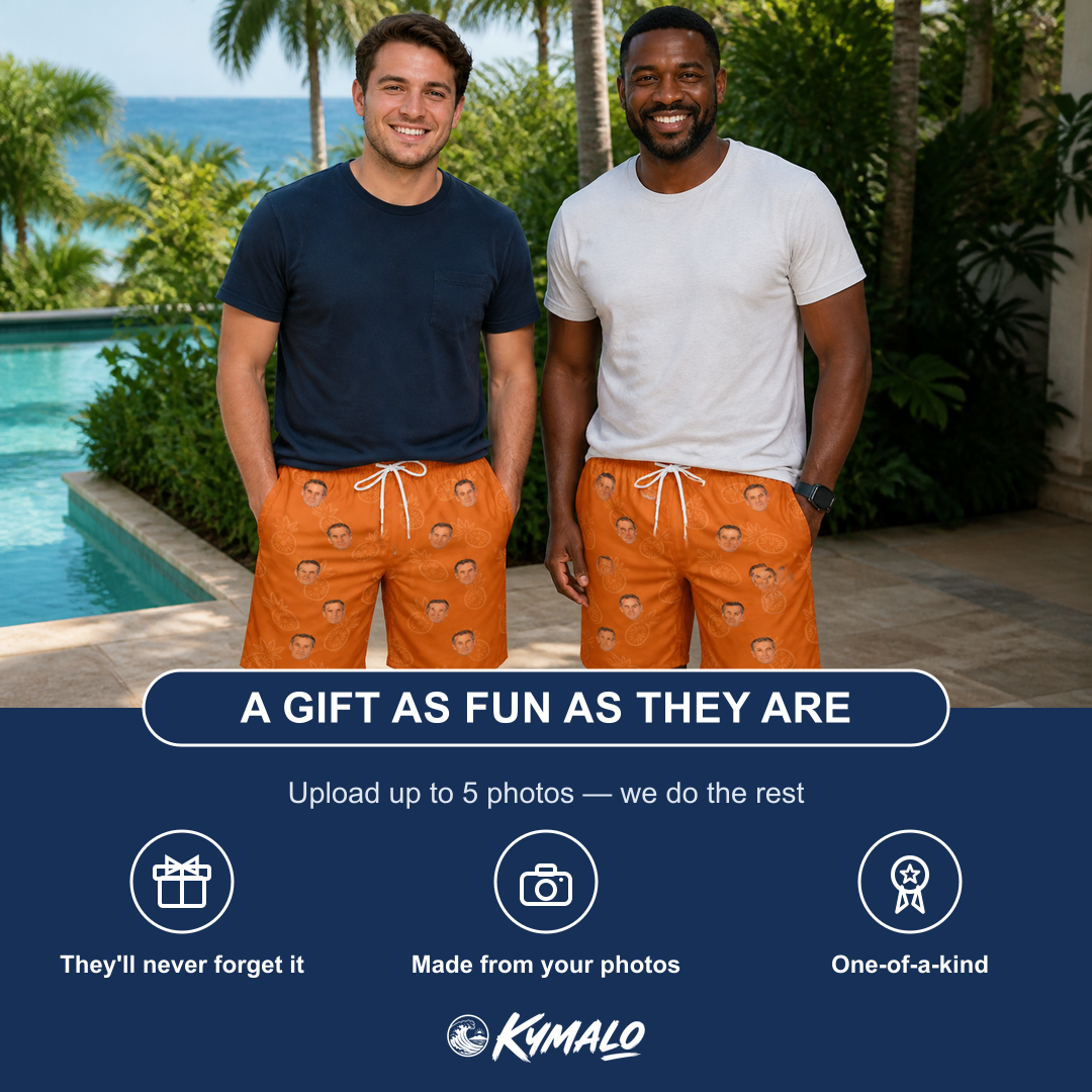 Friends in matching Men's Pineapple Jukebox Custom Face Beach Shorts — a group gift photo