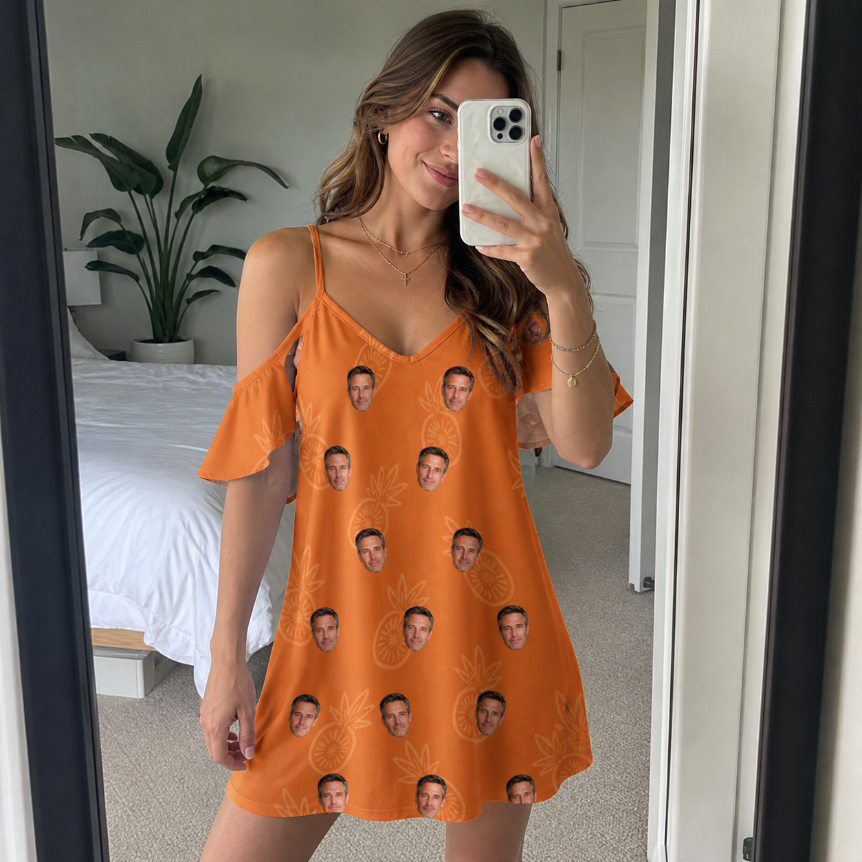 Real-life photo of someone wearing Women's Pineapple Jukebox Custom Face Off-Shoulder Dress — custom faces printed all-over