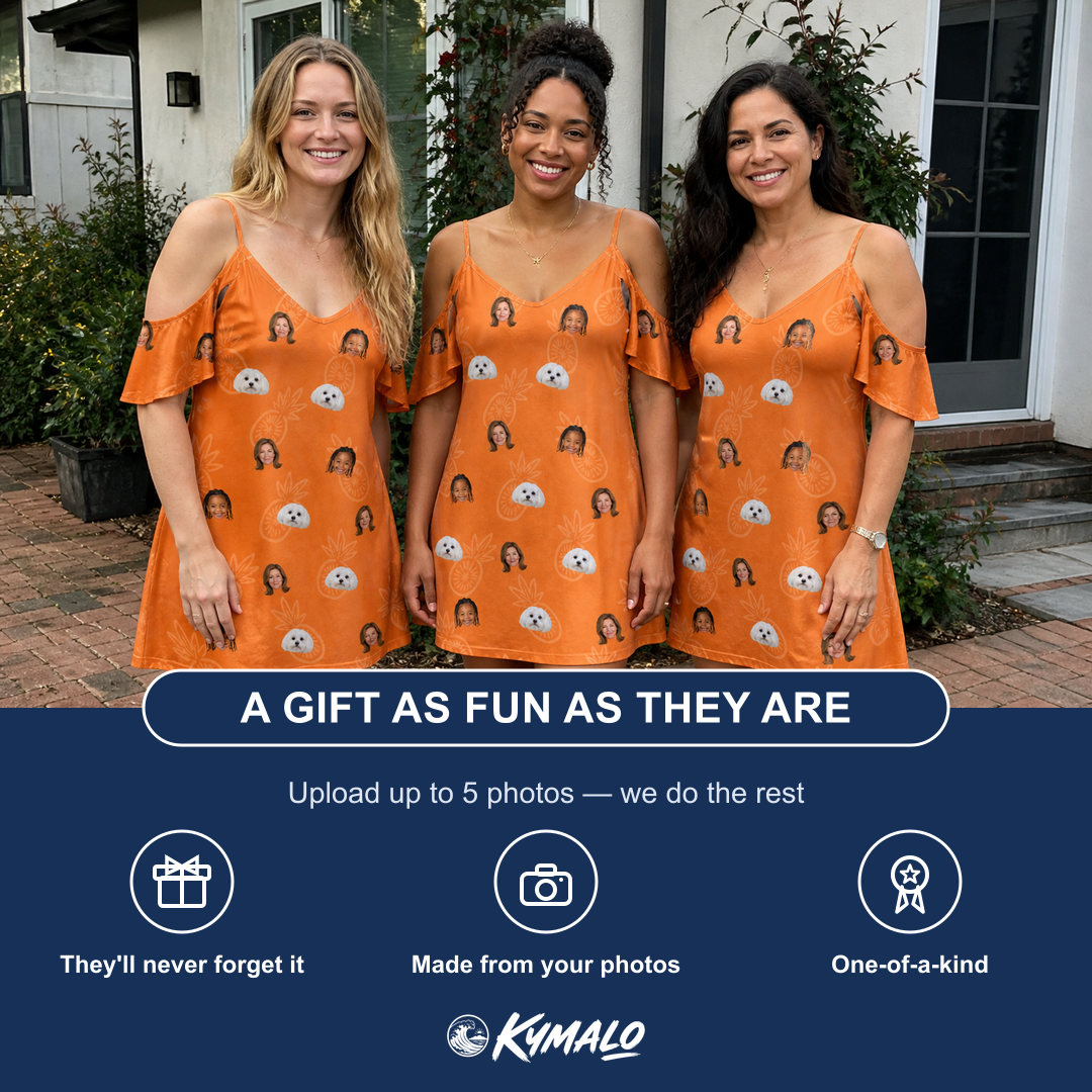 Friends in matching Women's Pineapple Jukebox Custom Face Off-Shoulder Dress — a group gift photo