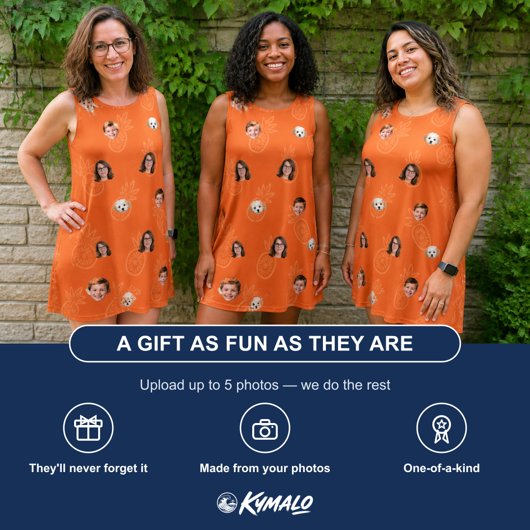 Friends in matching Women's Pineapple Jukebox Custom Face Tank Dress — a group gift photo