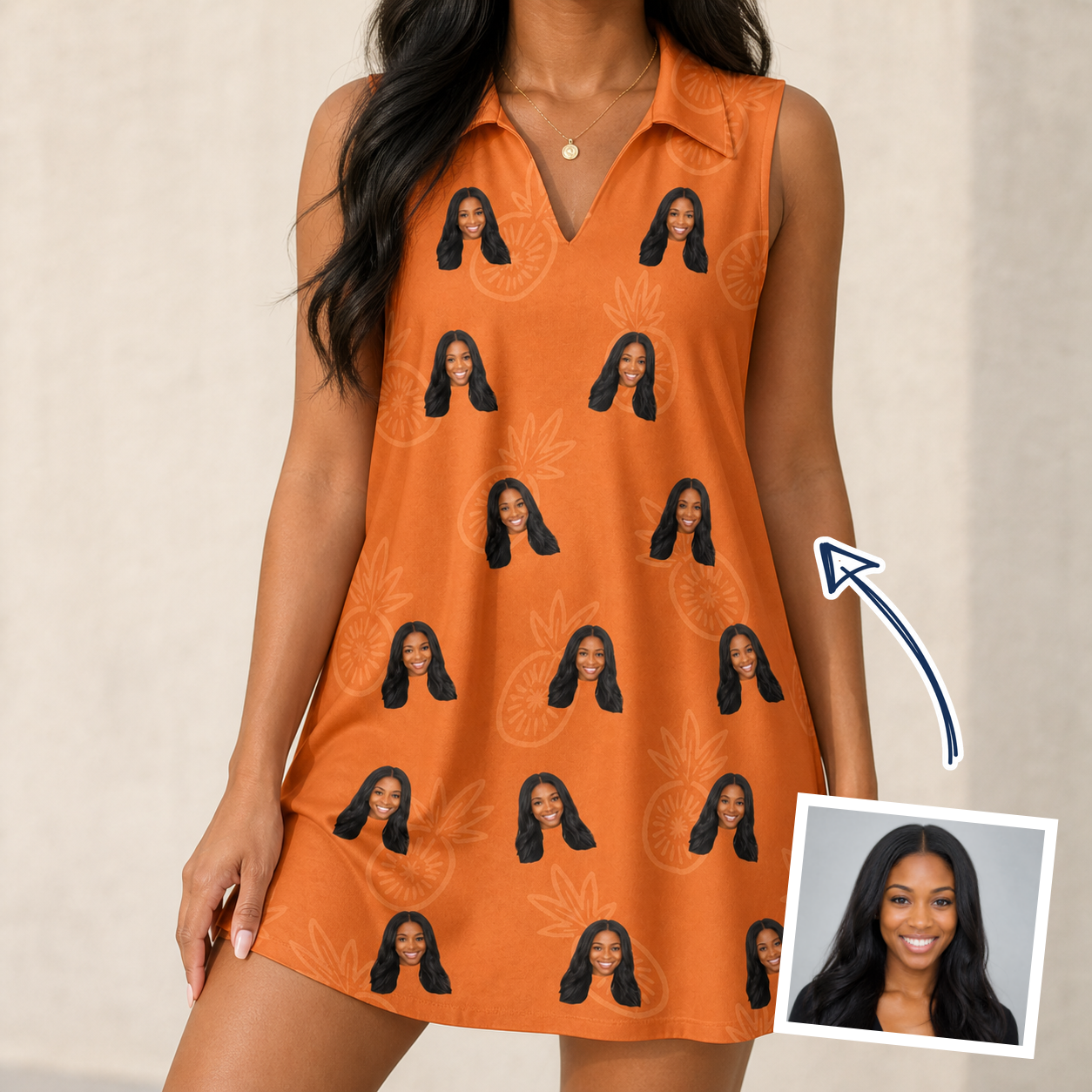 Woman wearing Women's Pineapple Jukebox Custom Face V-Neck Dress — custom faces printed all-over