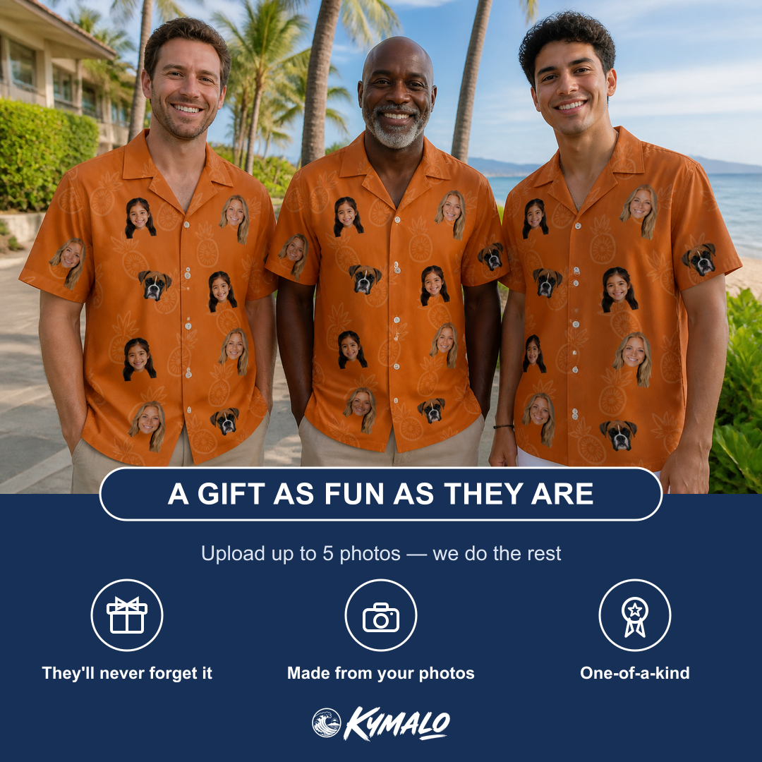 Friends in matching Men's Pineapple Jukebox Custom Face Hawaiian Shirt — a group gift photo