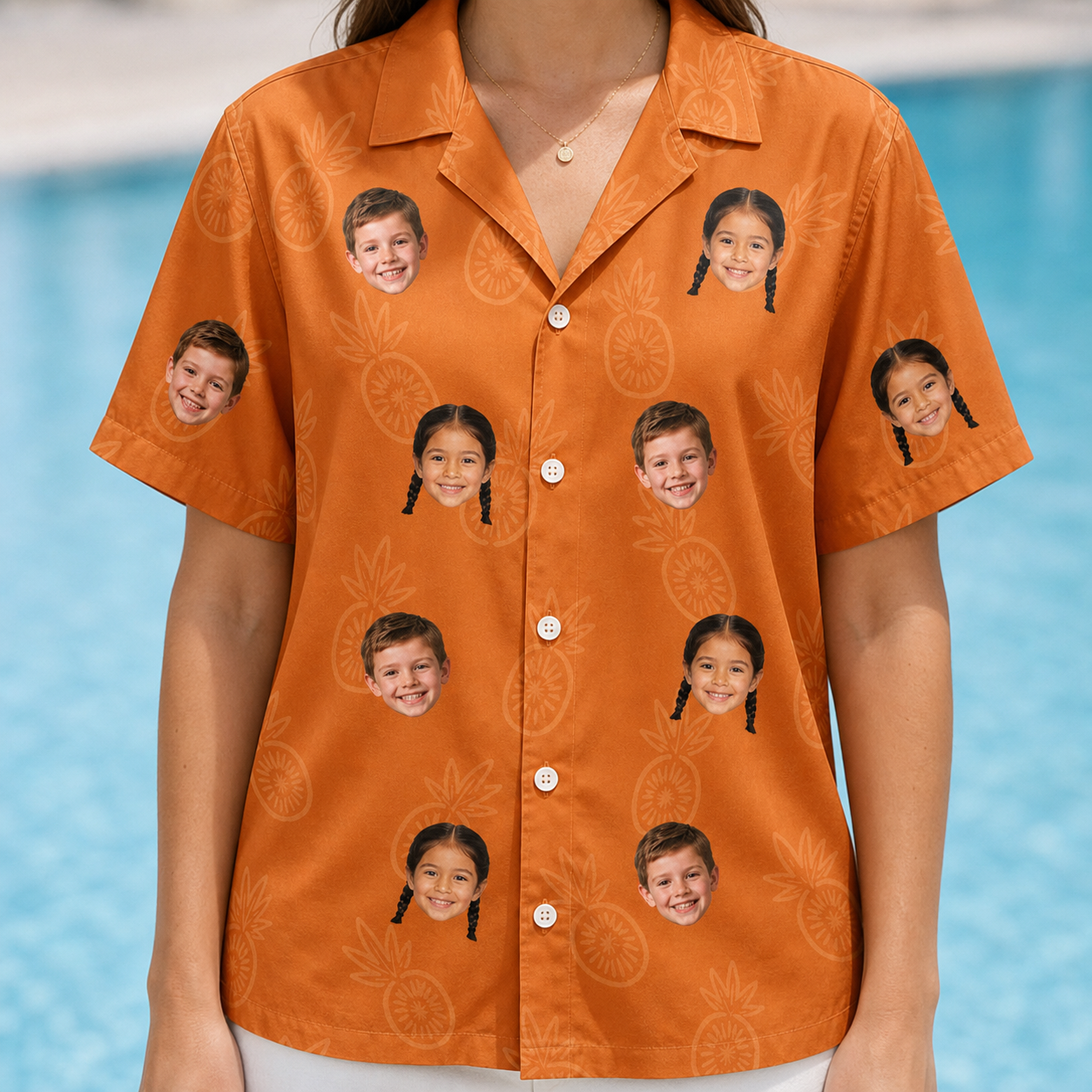 Model wearing Women's Pineapple Jukebox Custom Face Hawaiian Shirt printed with kids' faces