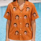 Model wearing Women's Pineapple Jukebox Custom Face Hawaiian Shirt printed with kids' faces
