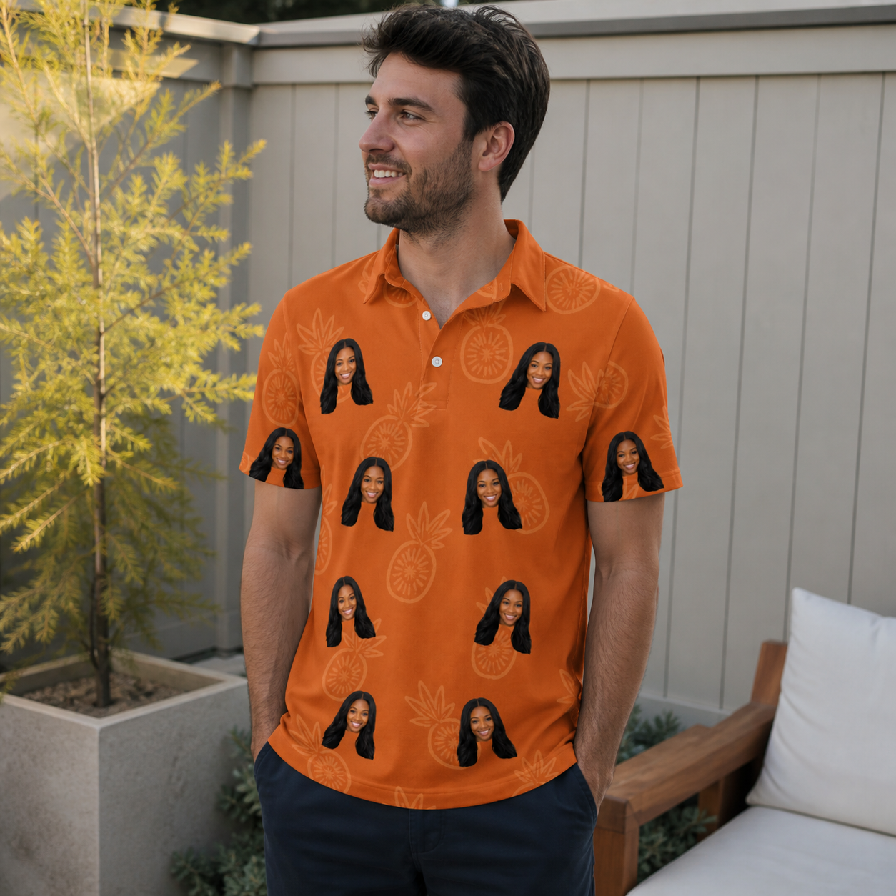 Real-life photo of someone wearing Men's Pineapple Jukebox Custom Face Polo Shirt — custom faces printed all-over