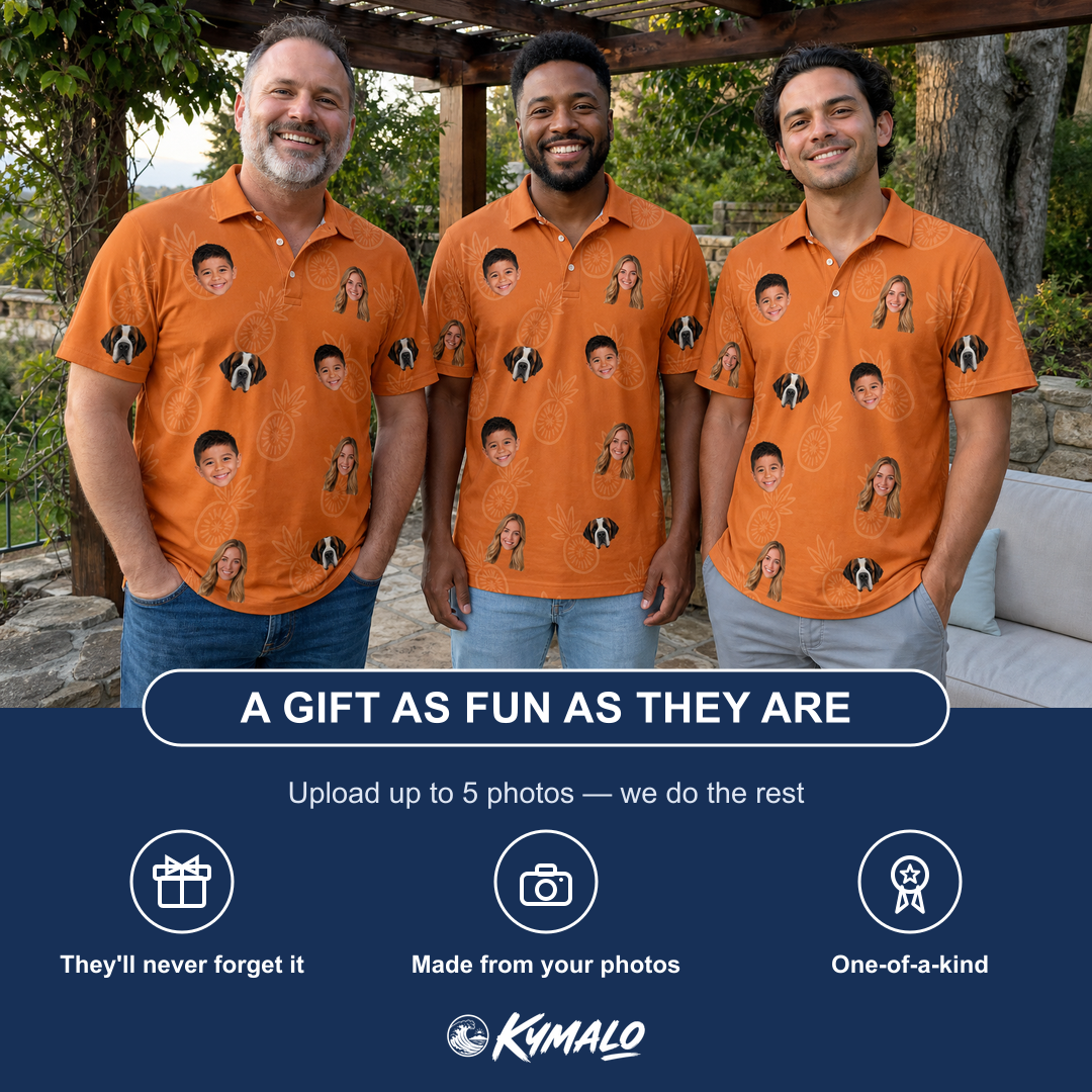 Friends in matching Men's Pineapple Jukebox Custom Face Polo Shirt — a group gift photo