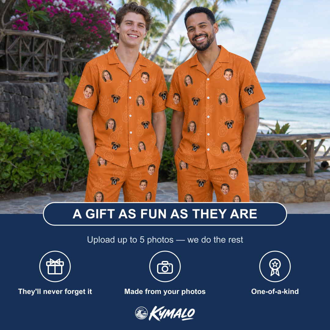 Friends in matching Men's Pineapple Jukebox Custom Face Shirt & Shorts Set — a group gift photo
