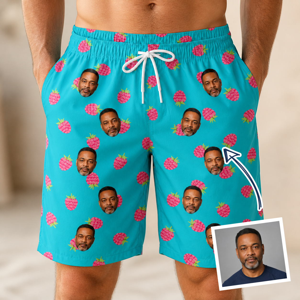 Man wearing Men's Razzle Riot Custom Face Beach Shorts — custom faces printed all-over