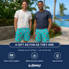 Friends in matching Men's Razzle Riot Custom Face Beach Shorts — a group gift photo