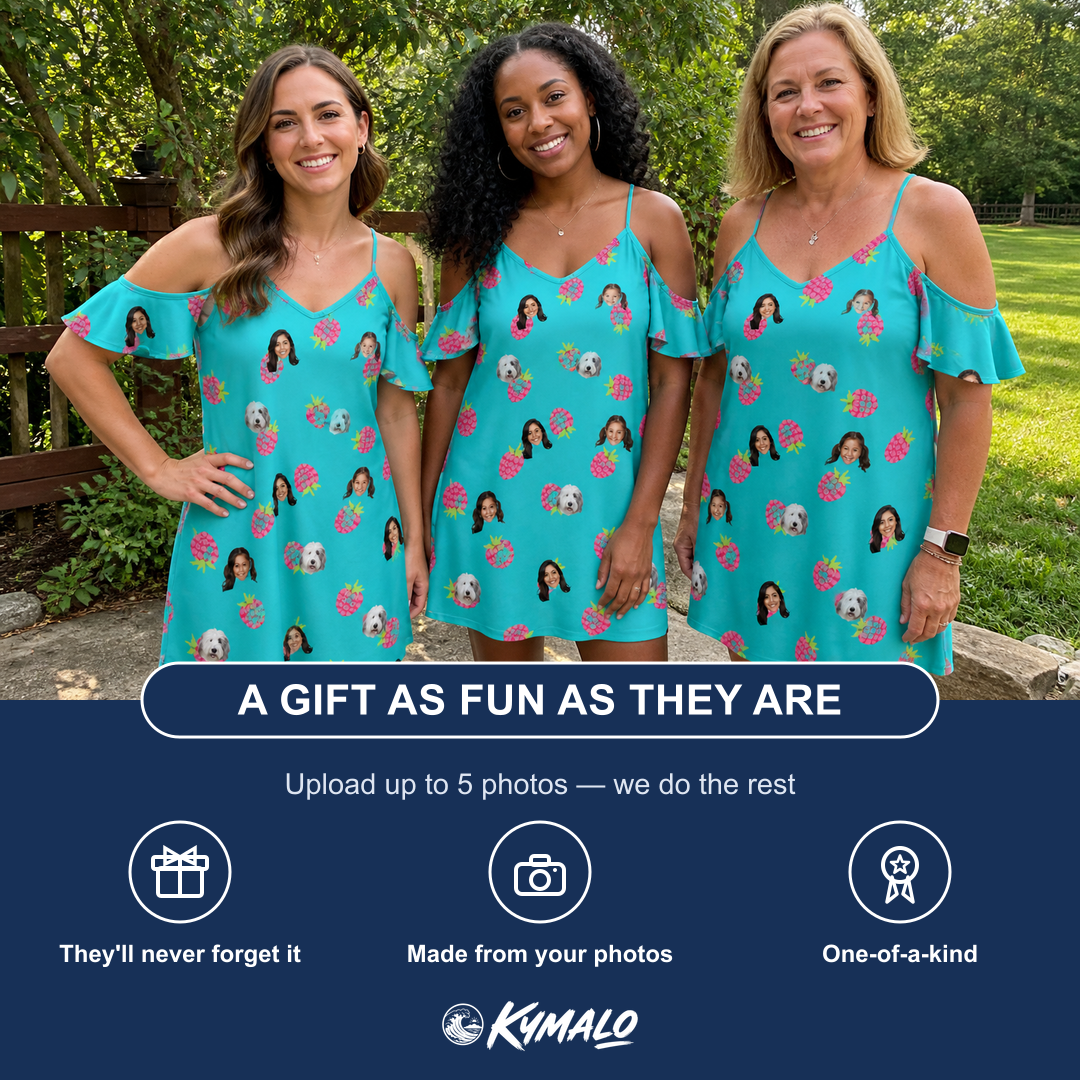Friends in matching Women's Razzle Riot Custom Face Off-Shoulder Dress — a group gift photo