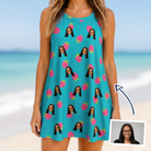 Woman wearing Women's Razzle Riot Custom Face Tank Dress — custom faces printed all-over