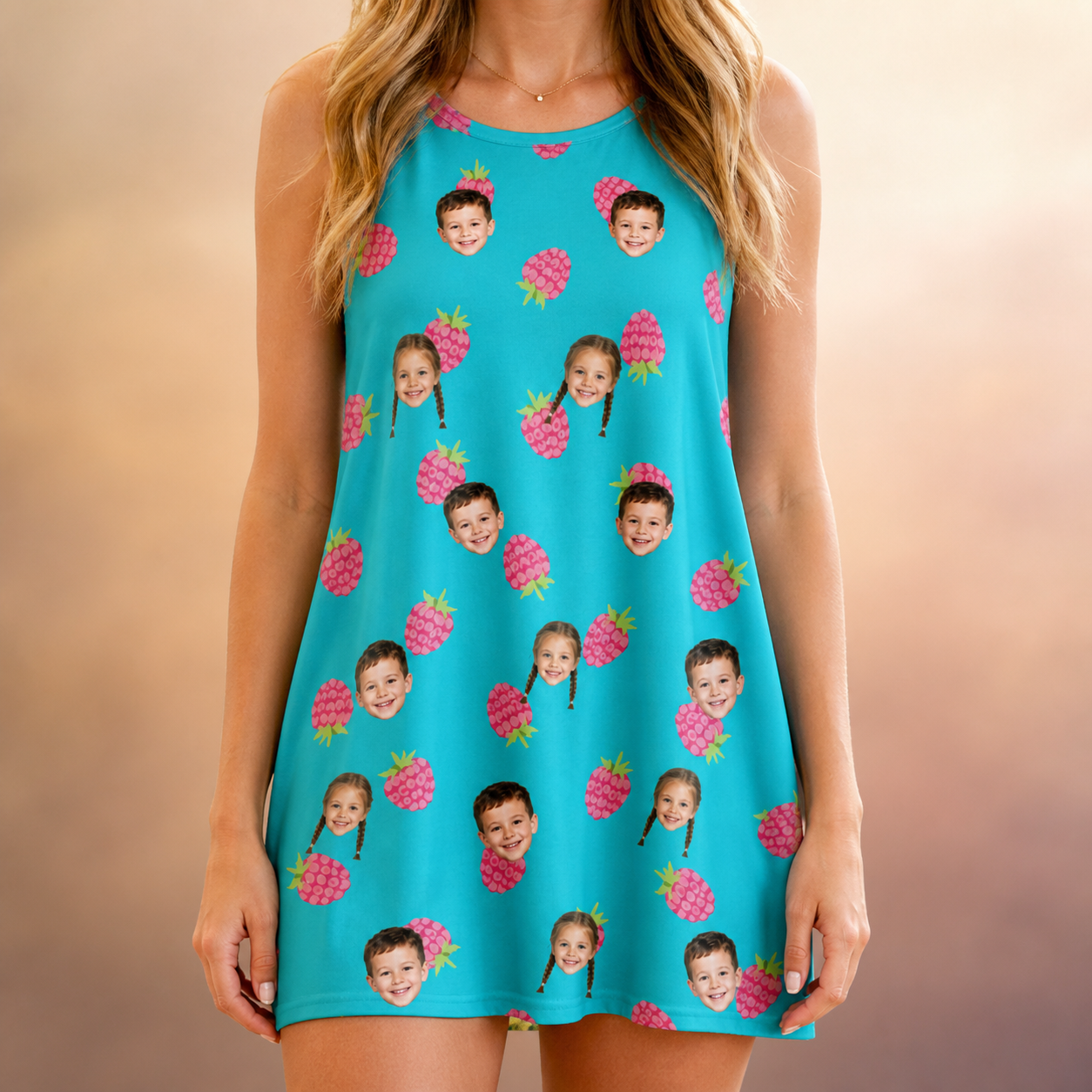 Model wearing Women's Razzle Riot Custom Face Tank Dress printed with kids' faces