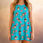 Model wearing Women's Razzle Riot Custom Face Tank Dress printed with kids' faces