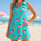 Model wearing Women's Razzle Riot Custom Face V-Neck Dress printed with kids' faces