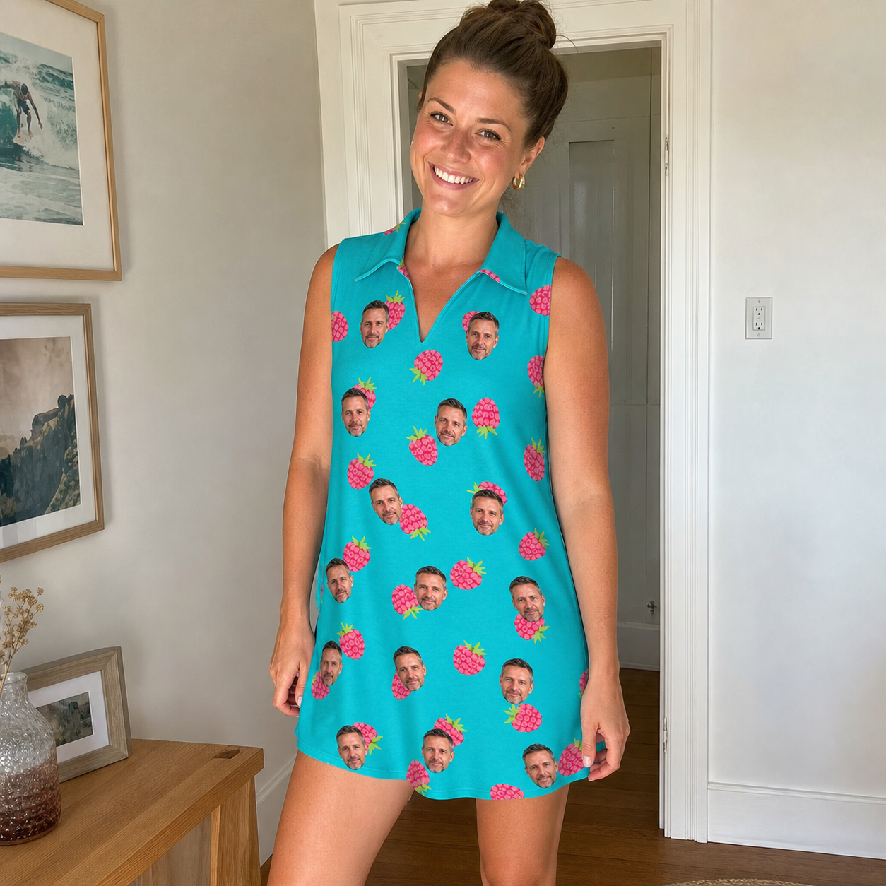 Real-life photo of someone wearing Women's Razzle Riot Custom Face V-Neck Dress — custom faces printed all-over