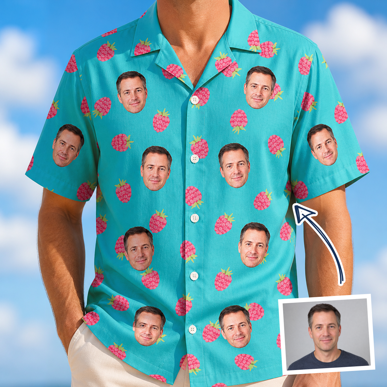 Man wearing Men's Razzle Riot Custom Face Hawaiian Shirt — custom faces printed all-over