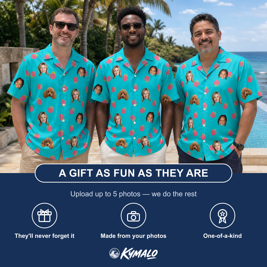 Friends in matching Men's Razzle Riot Custom Face Hawaiian Shirt — a group gift photo
