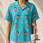Woman wearing Women's Razzle Riot Custom Face Hawaiian Shirt — custom faces printed all-over