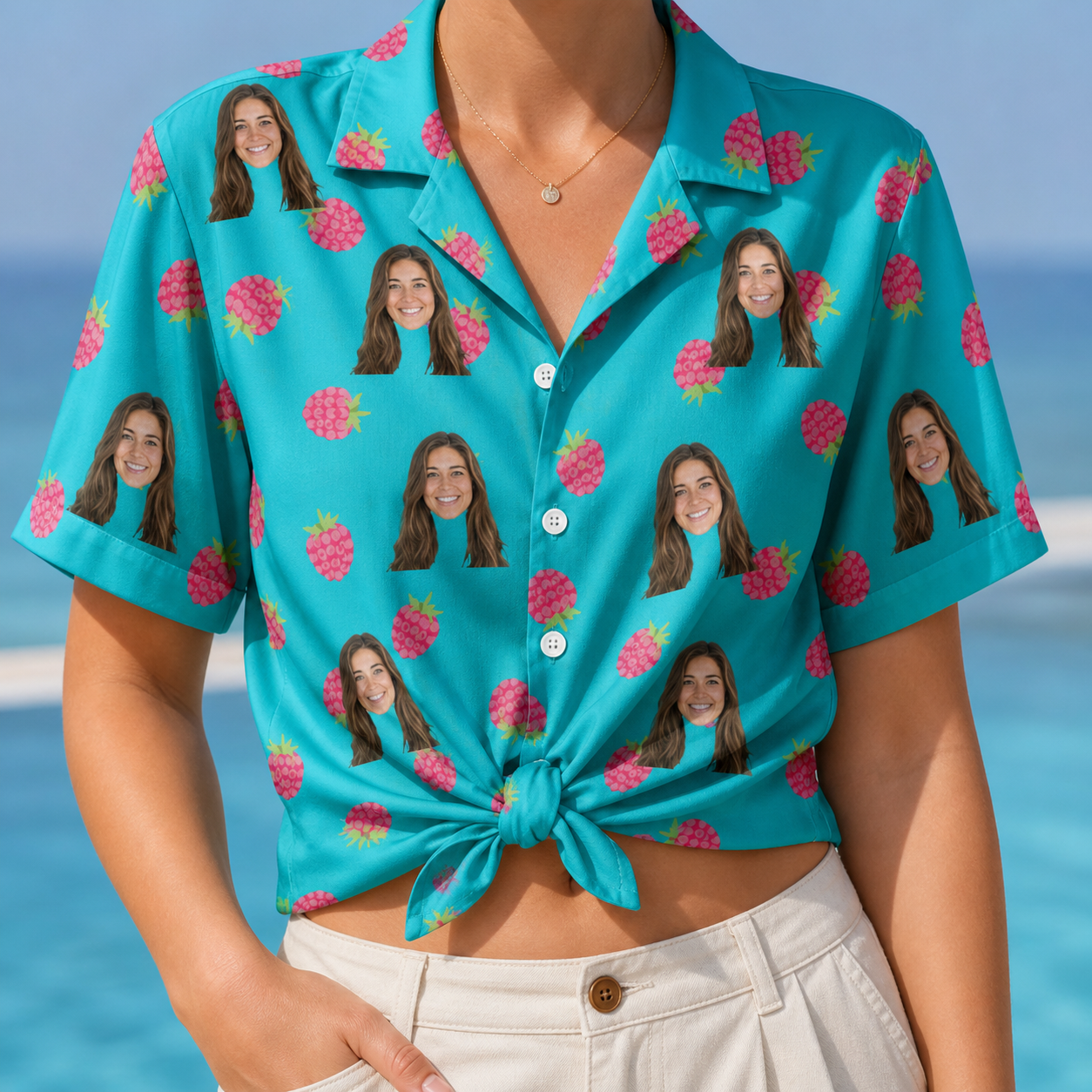 Woman wearing Women's Razzle Riot Custom Face Hawaiian Shirt tied at the waist