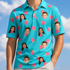 Model wearing Men's Razzle Riot Custom Face Polo Shirt printed with kids' faces