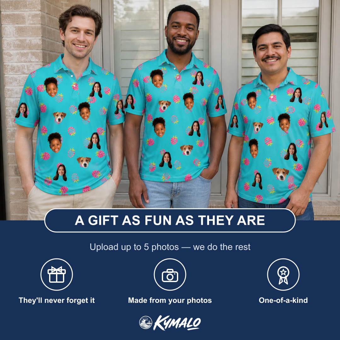 Friends in matching Men's Razzle Riot Custom Face Polo Shirt — a group gift photo