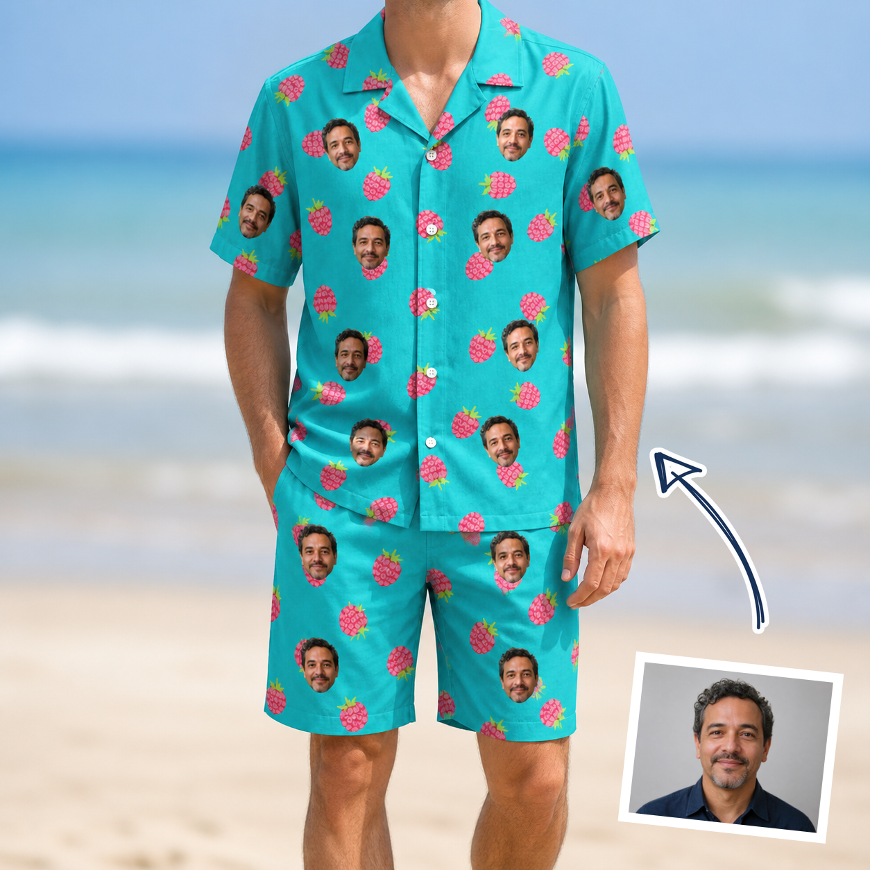 Man wearing Men's Razzle Riot Custom Face Shirt & Shorts Set — custom faces printed all-over