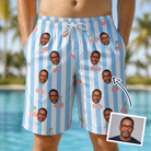 Man wearing Men's Orchard Oddball Custom Face Beach Shorts — custom faces printed all-over