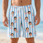 Model wearing Men's Orchard Oddball Custom Face Beach Shorts printed with kids' faces