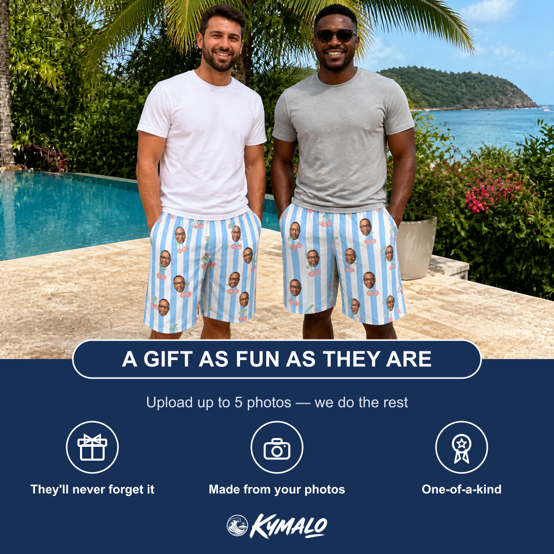 Friends in matching Men's Orchard Oddball Custom Face Beach Shorts — a group gift photo