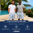Friends in matching Men's Orchard Oddball Custom Face Beach Shorts — a group gift photo