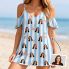 Woman wearing Women's Orchard Oddball Custom Face Off-Shoulder Dress — custom faces printed all-over