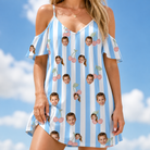 Model wearing Women's Orchard Oddball Custom Face Off-Shoulder Dress printed with kids' faces