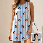 Woman wearing Women's Orchard Oddball Custom Face Tank Dress — custom faces printed all-over