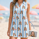 Woman wearing Women's Orchard Oddball Custom Face V-Neck Dress — custom faces printed all-over