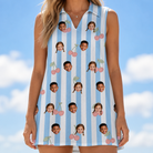 Model wearing Women's Orchard Oddball Custom Face V-Neck Dress printed with kids' faces