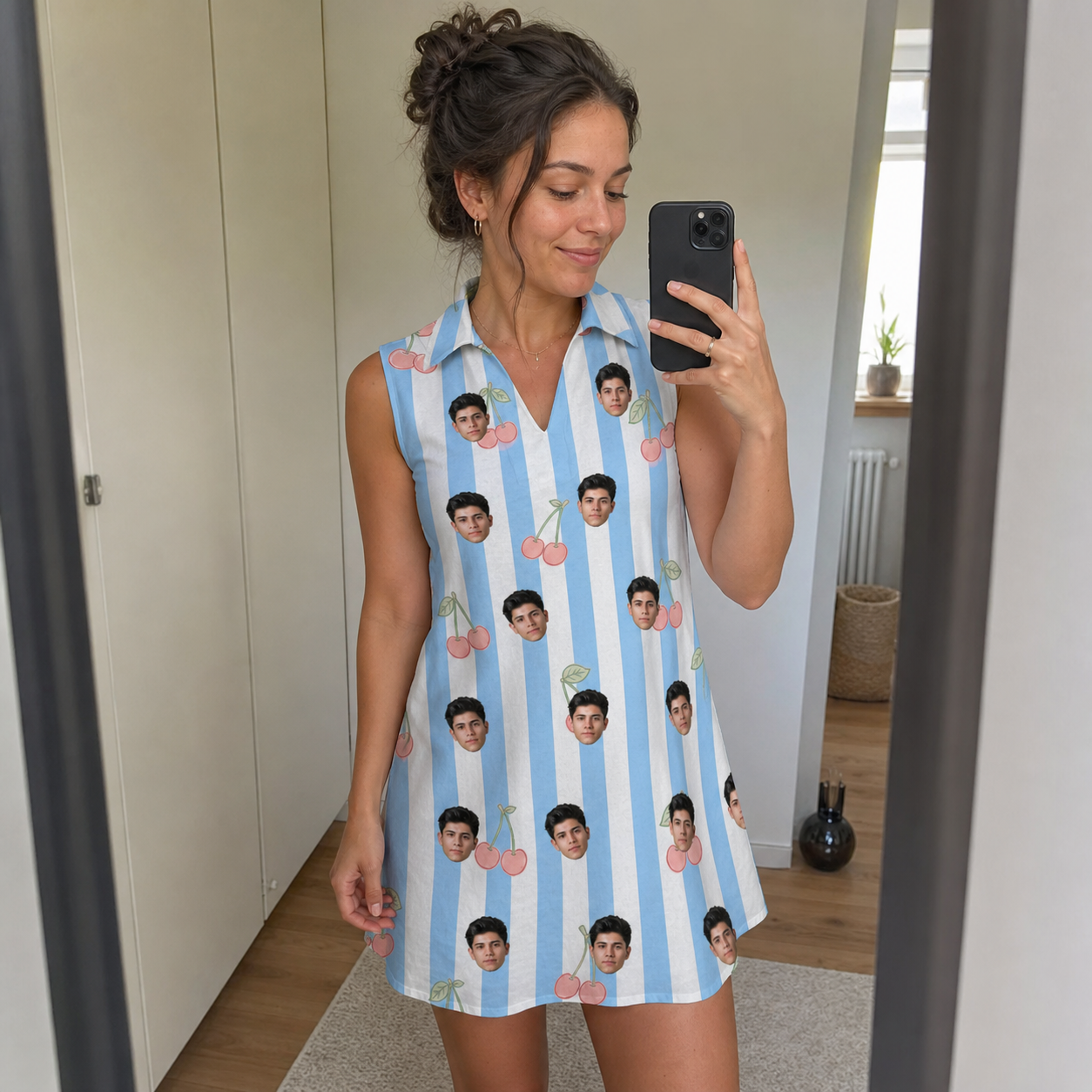 Real-life photo of someone wearing Women's Orchard Oddball Custom Face V-Neck Dress — custom faces printed all-over