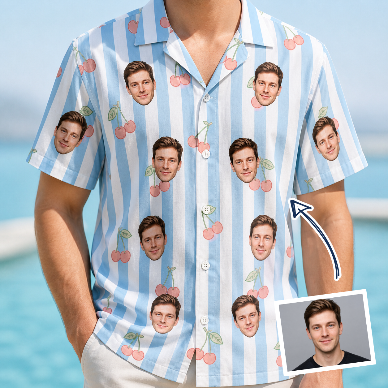 Man wearing Men's Orchard Oddball Custom Face Hawaiian Shirt — custom faces printed all-over