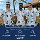 Friends in matching Men's Orchard Oddball Custom Face Hawaiian Shirt — a group gift photo