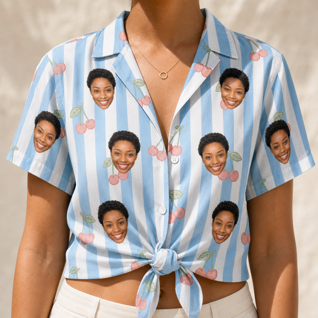 Woman wearing Women's Orchard Oddball Custom Face Hawaiian Shirt tied at the waist