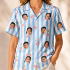Model wearing Women's Orchard Oddball Custom Face Hawaiian Shirt printed with kids' faces