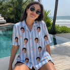 Real-life photo of someone wearing Women's Orchard Oddball Custom Face Hawaiian Shirt — custom faces printed all-over