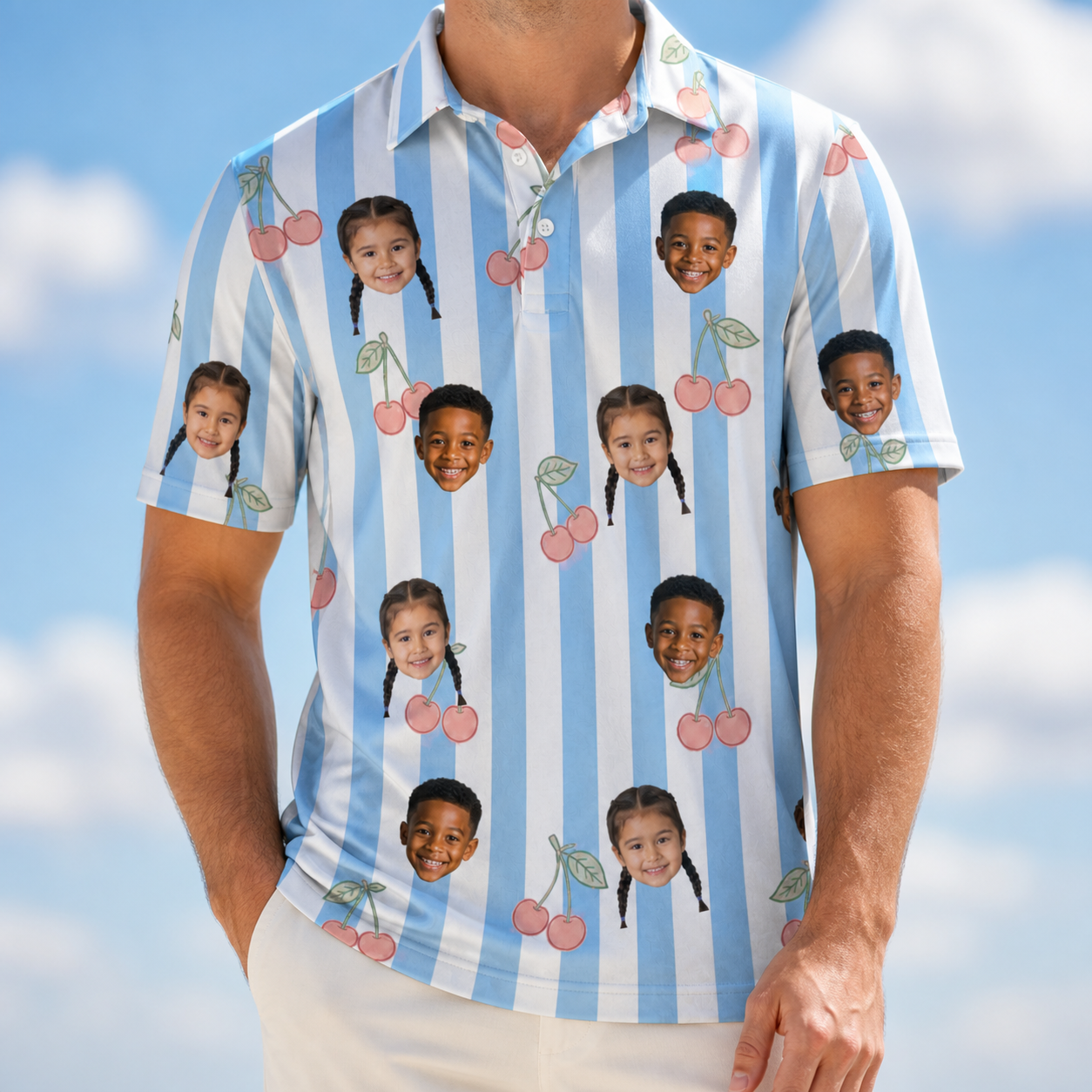 Model wearing Men's Orchard Oddball Custom Face Polo Shirt printed with kids' faces