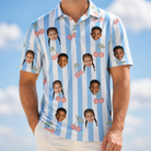Model wearing Men's Orchard Oddball Custom Face Polo Shirt printed with kids' faces